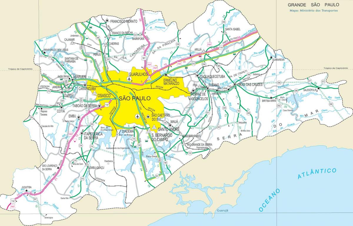 Χάρτης των αυτοκινητοδρόμων προάστια του Σάο Πάολο