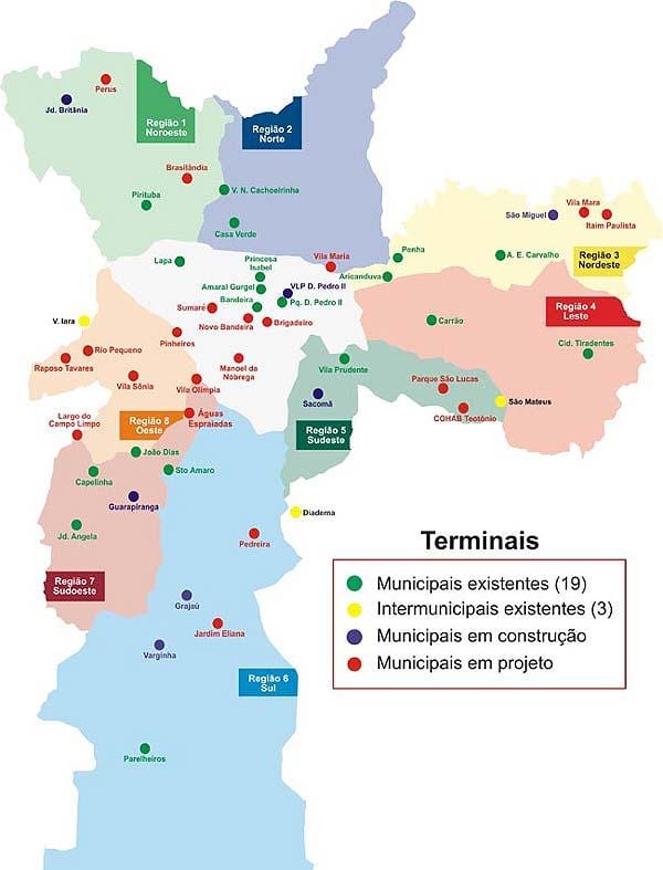 Χάρτης των τερματικών σταθμών λεωφορείων του Σάο Πάολο