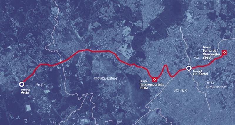 Χάρτης της corredor BRT metropolitano Perimetral Alto Tietê